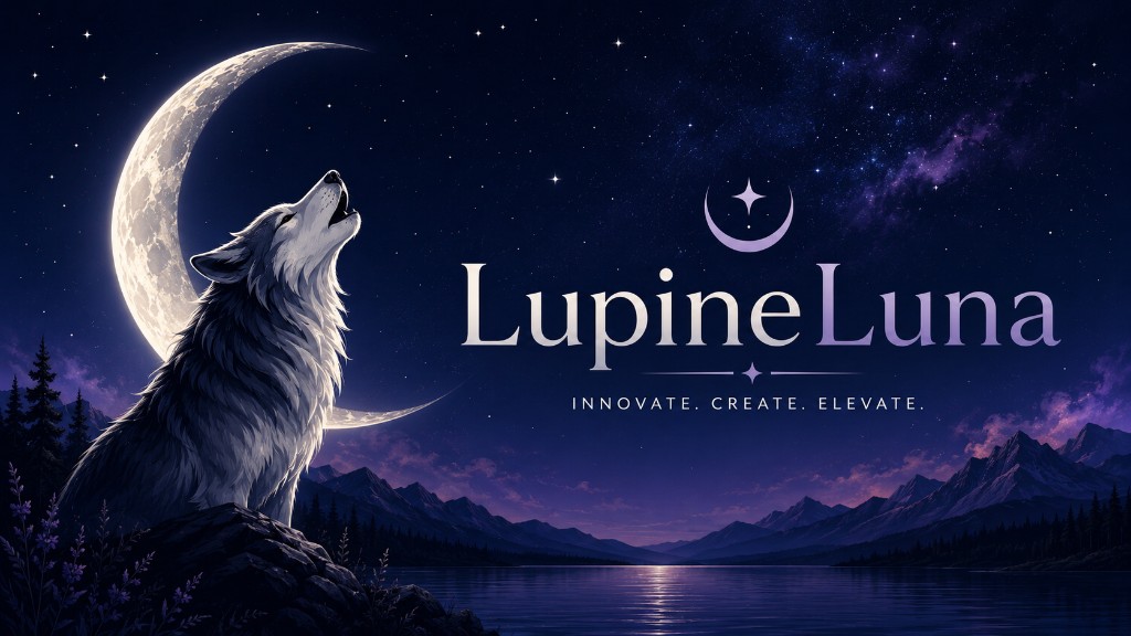 Lupine Luna — wolf howling at the moon over mountains and lake